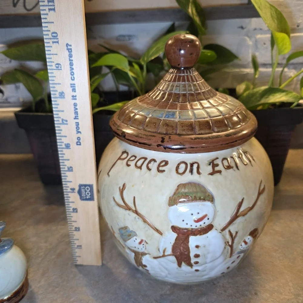 St. Nicolas Square Vtg Peace on Earth Snowman Cookie Jar, Plate,  Salt & Pepper